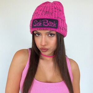 Sick Boy Beanie Pink Black Knit Motorcycle‎ Hat Cap Logo Patch Acrylic Blend